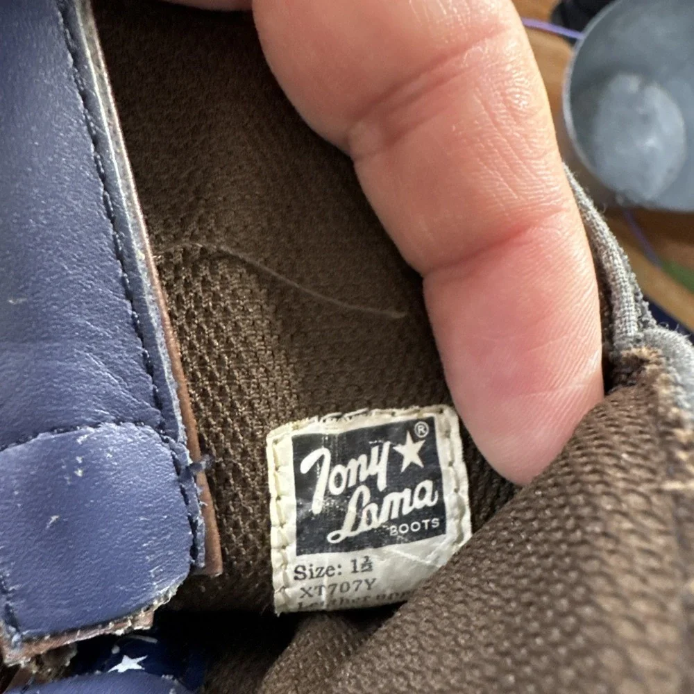Tony Lama Mid Calf Brown/Navy  Embroidered TLX Western Cowboy Kids 1.5